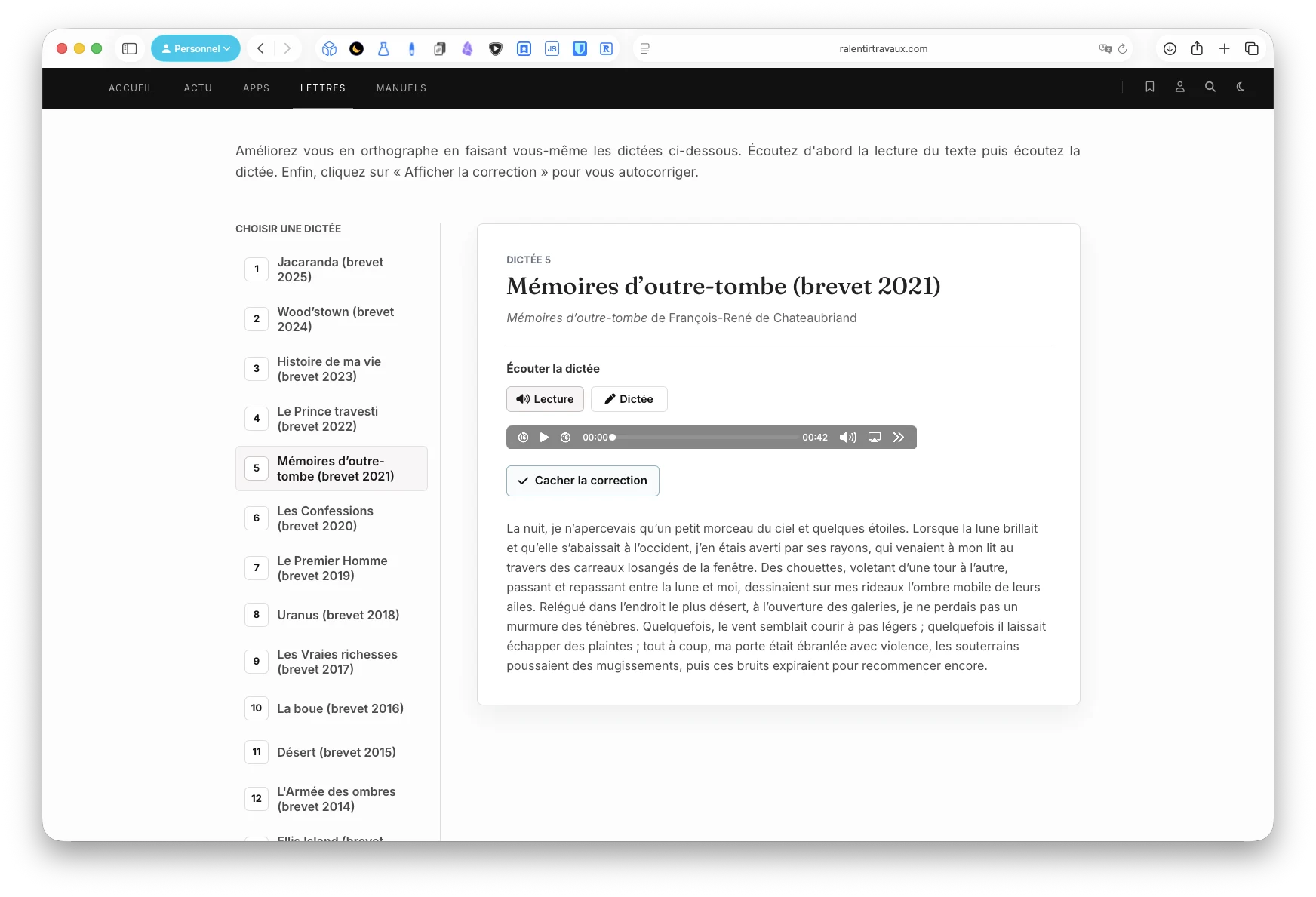 L’interface des dictées de troisième affichant une dictée extraite des Mémoires d’outre-tombe pour le brevet 2021.