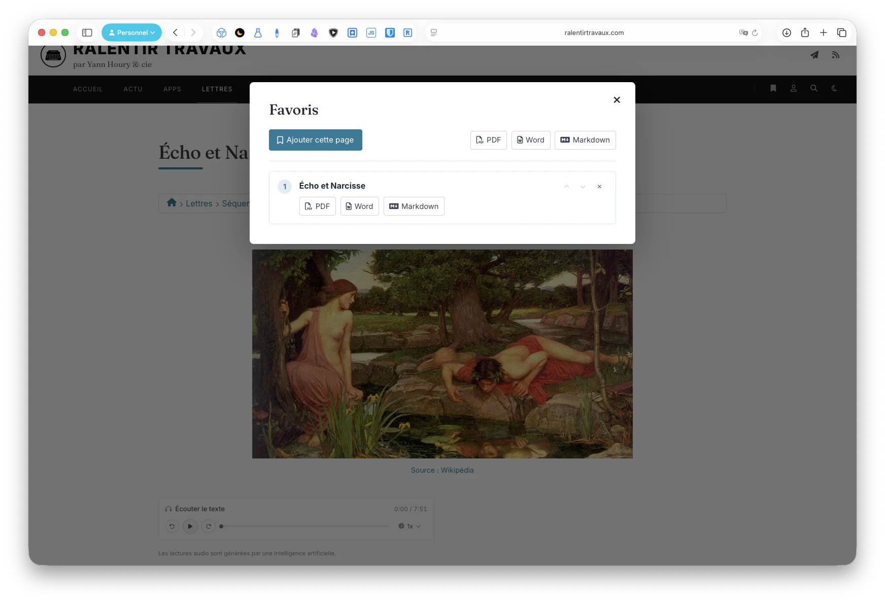 La fenêtre des favoris permettant d’ajouter la page Écho et Narcisse, de classer les ressources enregistrées et de les exporter en PDF, Word ou Markdown.