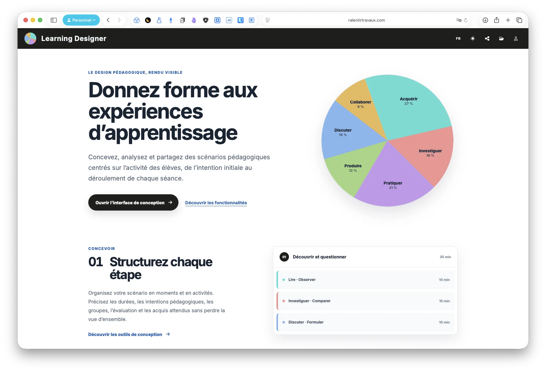 La page de présentation de Learning Designer et ses outils de conception de scénarios pédagogiques.