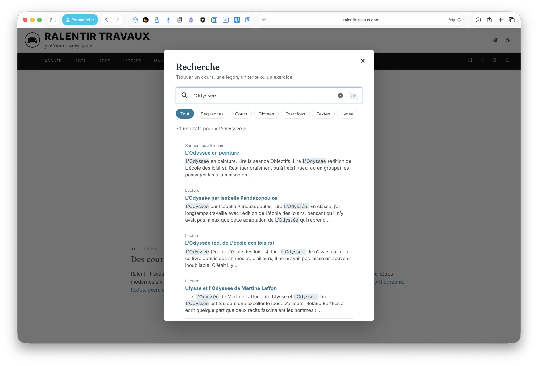 Le nouveau moteur de recherche affichant les résultats d’une recherche consacrée à L’Odyssée.