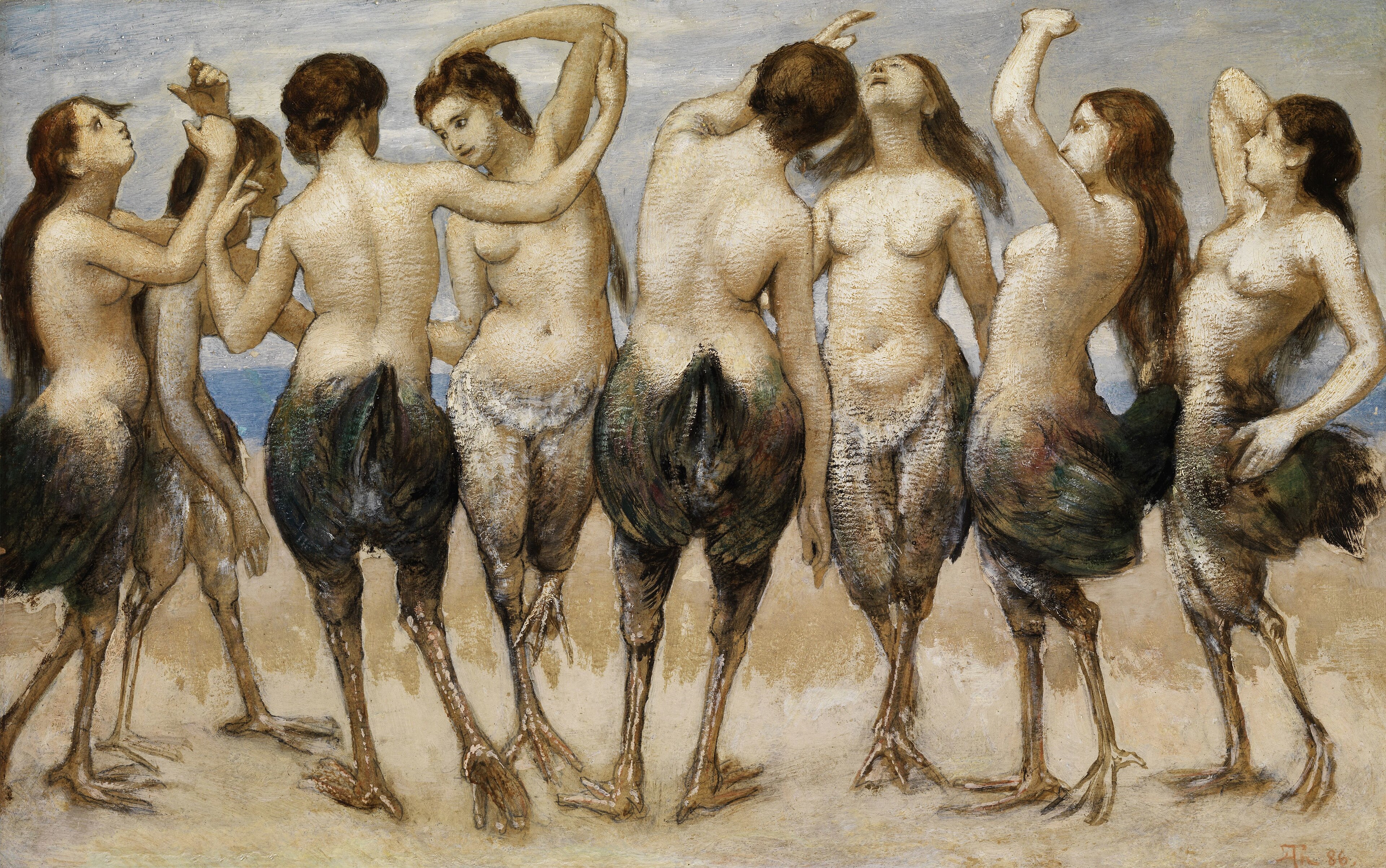 Huit femmes dansant dans des corps d'oiseaux, Hans Thoma